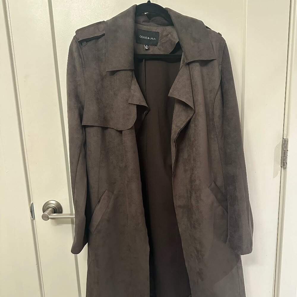 OOKIE & LALA Faux Suede Dark Grey Trench Coat in Size Medium